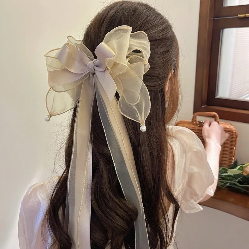 Long Oversized Beige Satin Bow French Barrette Hair Clip